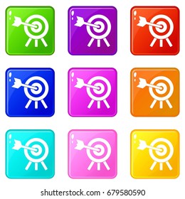 Arrow hit the target icons of 9 color set isolated vector illustration