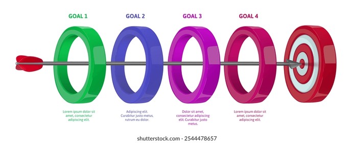 Arrow hit target infographic template. Goal achievement steps diagram with archery bow arrow hitting bullseye and rings. Success business concept 3D vector illustration.