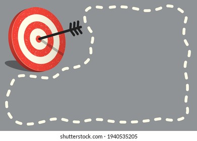 Arrow hit the target, red color grunge, 3D, cartoon. Background with indentation for the text. Vector illustration.