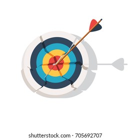 The arrow hits the target and breaks it. Business concept a good profit and achieve the goal. Vector illustration isolated on white background