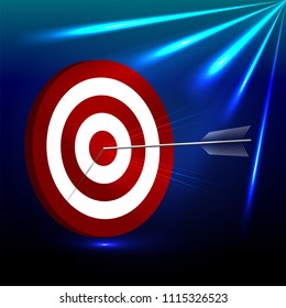 Arrow hits the target with the lights on the blue background. 3d Illustration,  perspectiv. 