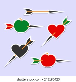 Arrow hits the target. Set of symbols on a light background.