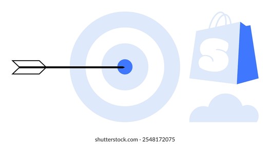 Arrow hits a target's bullseye with a shopping bag and cloud beside it. Ideal for business accuracy digital marketing e-commerce success goals and strategy design concepts. Minimalistic flat style