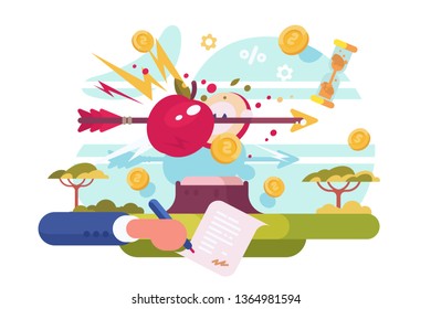 Arrow hitting to apple target vector illustration. Male hand signing profitable contract or agreement flat style design. Right in the bulls eye concept