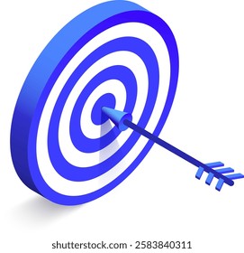 Arrow hitting the center of a blue and white target represents achieving a business objective, completing a task, or completing a project successfully