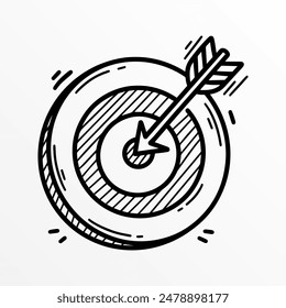 Arrow Hitting the Center of a Dartboard. A Concept for Achieving Goals. Sketch Icon Vector Illustration on a White Background