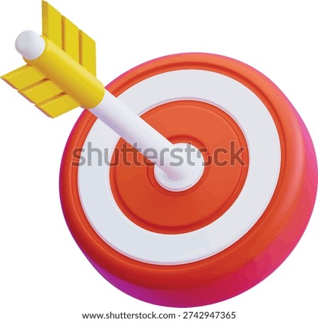 Arrow Hitting Center Of Target Board Representing Business Success Goal Achievement And Objective Accuracy Concept For Marketing Strategy Professional Modern Minimalist Glossy 3D Rendered Illustration Red White Yellow Tones
