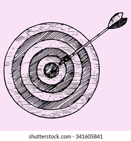 Arrow Hitting The Center Of Target, Doodle Style, Sketch Illustration, Hand Drawn, Vector