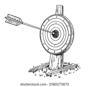 Arrow hitting the center of target. Target arrow hand drawn illustration. Bullseye symbol, achievement, goal and accuracy.  Successful business concept.  Vector.