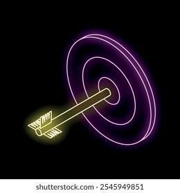 Arrow hitting the center of a target illuminated by bright neon colors