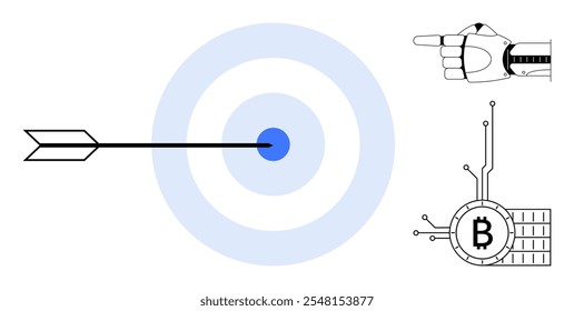 An arrow hitting the center of a target, a robot hand pointing, and a Bitcoin symbol merged with circuit lines. Ideal for fintech, cryptocurrency, precision, automation, technology, business