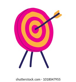  arrow hitting Dart board target, standing on a tripod. Business goal achievement and success concept. Straight to the aim symbol. Vector illustration in flat style isolated on white background.