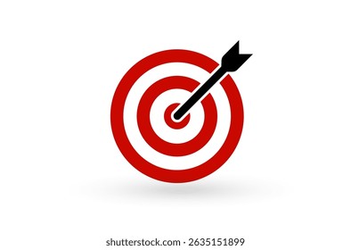 A seta acertando o alvo vermelho simboliza a realização do objetivo, o foco nos negócios e o sucesso estratégico. O conceito ideal para marketing, planejamento e ideias vencedoras. Ilustração de vetor.