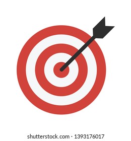 Arrow hitting red and white circle target. Flat design vector illustration.