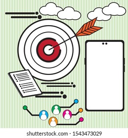 the arrow hitting the target center and noted paper and big screen telephone free space for your text illustration