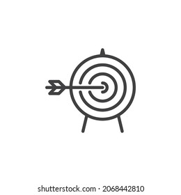 Flecha que golpea el icono de la línea de destino. signo de estilo lineal para concepto móvil y diseño web. Destino con icono de vector de contorno de flecha. Símbolo, ilustración del logotipo. Gráficos vectoriales