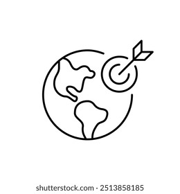 Flecha golpeando objetivo en la Tierra. Precisión en la navegación global, estrategia internacional dirigida. Icono de Vector perfecto de píxeles