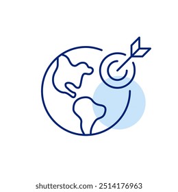 Flecha golpeando objetivo en la Tierra. Precisión en la navegación global, estrategia internacional dirigida. Icono de trazo perfecto y editable del píxel