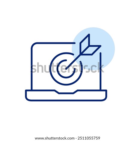 Arrow hitting target on laptop screen. Desktop optimization, precise web analytics or market targeting. Pixel perfect, editable stroke icon