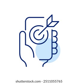 Arrow hitting target on smartphone screen. Precise mobile targeting. On the go success. Achieving goals on mobile device. Effective user engagement. Pixel perfect, editable stroke icon