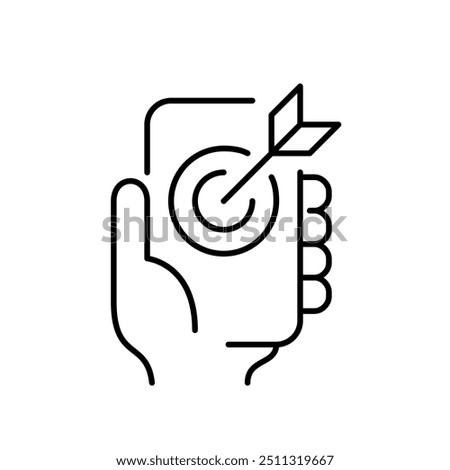 Arrow hitting target on smartphone screen. Precise mobile targeting. On the go success. Achieving goals on mobile device. Effective user engagement. Pixel perfect vector icon