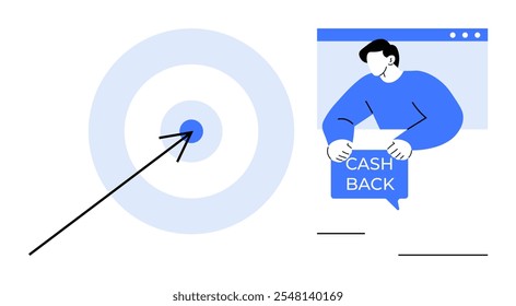 An arrow hitting a target a person holding a cash back sign Ideal for marketing, business strategy financial incentives consumer engagement and online shopping Clean modern style vector