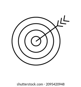 Arrow hitting the target. Simple outline black and white vector icon in modern minimal style with thin lines. Editable line thickness
