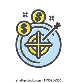 Arrow hitting target thin line icon, logo isolated on white background. Financial goal, target, aim achieved outline pictogram. Business success, development vector element for infographic, web.