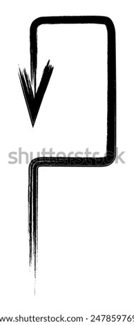 Arrow - hook. Sketch. The direction of the curly arrow is at a right angle, around and down. Hand drawn sign. Vector illustration. Directional signs made from brush strokes. Grunge style. 