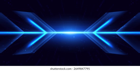 Flecha Horizontal azul brillante con efecto luminoso sobre fondo azul oscuro. Gráfico de inversión empresarial hacia abajo, datos financieros, tecnología futurista. Ilustración vectorial