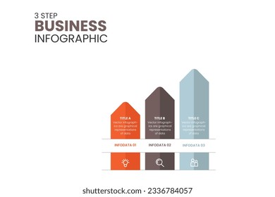 Arrow horizontal infographic template or element as a vector for business slide or presentation, including 3 step, process to goal, on white background, colorful rectangle and icons, modern, minimal
