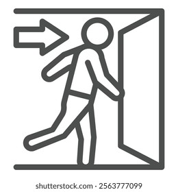 Arrow with human at exit door line icon, emergency service concept. Vector graphics. Man run to entrance door sign on white background, outline style icon for mobile or web design