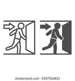 Arrow with human at exit door line and solid icon, emergency service concept. Vector graphics. Man run to entrance door sign on white background, outline style icon for mobile or web design