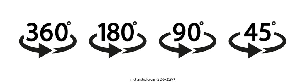 Arrow icon with 360, 180, 90 and 45 degree. Arrow icons with rotate angles of 360, 180, 90 and 45 degrees. 3d signs for panorama view. Round symbols with angles of turn. Vector. svg