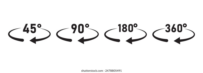 Arrow icon with 360, 180, 90 and 45 degree. Arrow icons with rotate angles of 360, 180, 90 and 45 degrees. Round symbols with angles of turn. Vector Illustrations Set