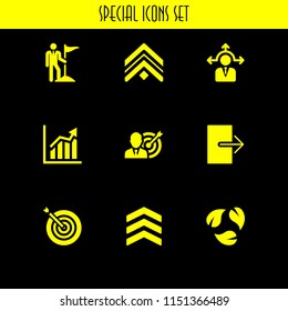 arrow icon. 9 arrow set with exit, recycle symbol of three leaves, decision making and chevron vector icons for web and mobile app