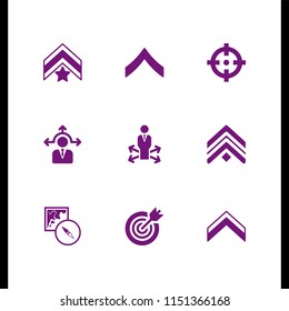 arrow icon. 9 arrow set with target, map and compass orientation tools, decision making and chevron vector icons for web and mobile app