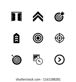 arrow icon. 9 arrow set with target, right arrow circular button, map and compass orientation tools and chevron vector icons for web and mobile app