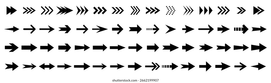 Pfeilsymbol. Pfeillogo. Pfeilsymbole festlegen. Zeichen für Sammlungspfeile. Symbol für schwarzen Pfeil.  Vektorgrafik