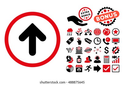 Arrow Up icon with bonus images. Vector illustration style is flat iconic bicolor symbols, intensive red and black colors, white background.