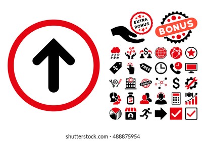 Arrow Up icon with bonus pictogram. Vector illustration style is flat iconic bicolor symbols, intensive red and black colors, white background.