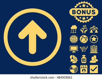 Arrow Up icon with bonus pictures. Vector illustration style is flat iconic symbols, yellow color, blue background.