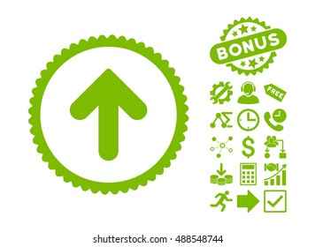Arrow Up icon with bonus icon set. Vector illustration style is flat iconic symbols, eco green color, white background.