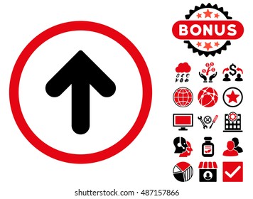 Arrow Up icon with bonus symbols. Vector illustration style is flat iconic bicolor symbols, intensive red and black colors, white background.