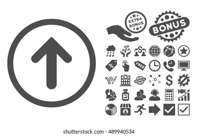 Arrow Up icon with bonus symbols. Vector illustration style is flat iconic symbols, gray color, white background.
