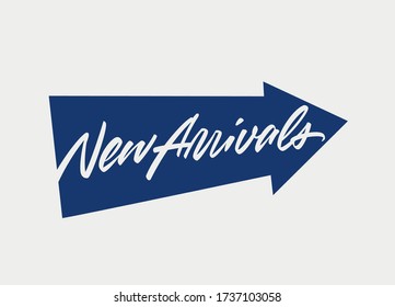 An arrow icon with a brush script "New Arrivals" lettering inside, perfect for using for banners, online store designs, prints etc. Editable colour and size.