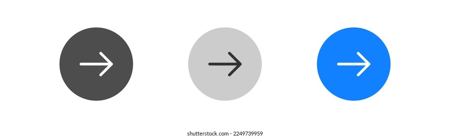 Icono de flecha en círculo. Concepto de dirección. Flecha de giro a la derecha en el símbolo de círculo. Botón de interfaz de usuario azul. Diseño plano. Ilustración vectorial.