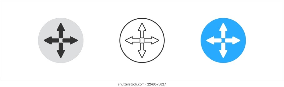 Arrow icon in circle on white background. Button sign. Arrow up, down, left, right symbol. Direction concept. Outline, flat, and colored style. Vector illustration.
