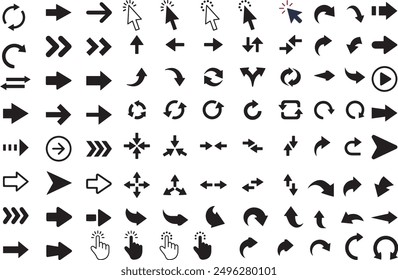 Arrow icon and click set. Containing cursor arrow, change, transfer, switch, swap, exchange, up, down and refresh symbol icons. Solid icon collection.