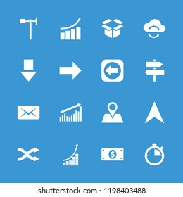 Arrow icon. collection of 16 arrow filled icons such as graph, weather vane, location pin, money dollar, stopwatch, direction. editable arrow icons for web and mobile.